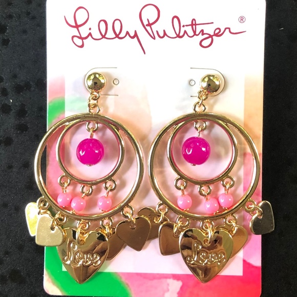 LILLY PULITZER EARRINGS NWT 🩷 Paradise Pink LOVE HEART CHARM Dangling POST - Picture 11 of 11